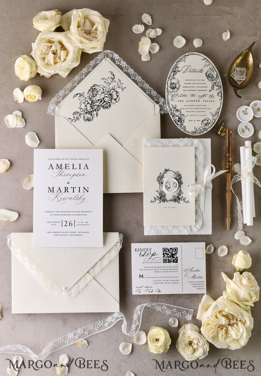 WEDDING INVITATIONS vintage lace/ rustic lace Personalized Golden Wedding invitations Vintage Lace Invites Ivory