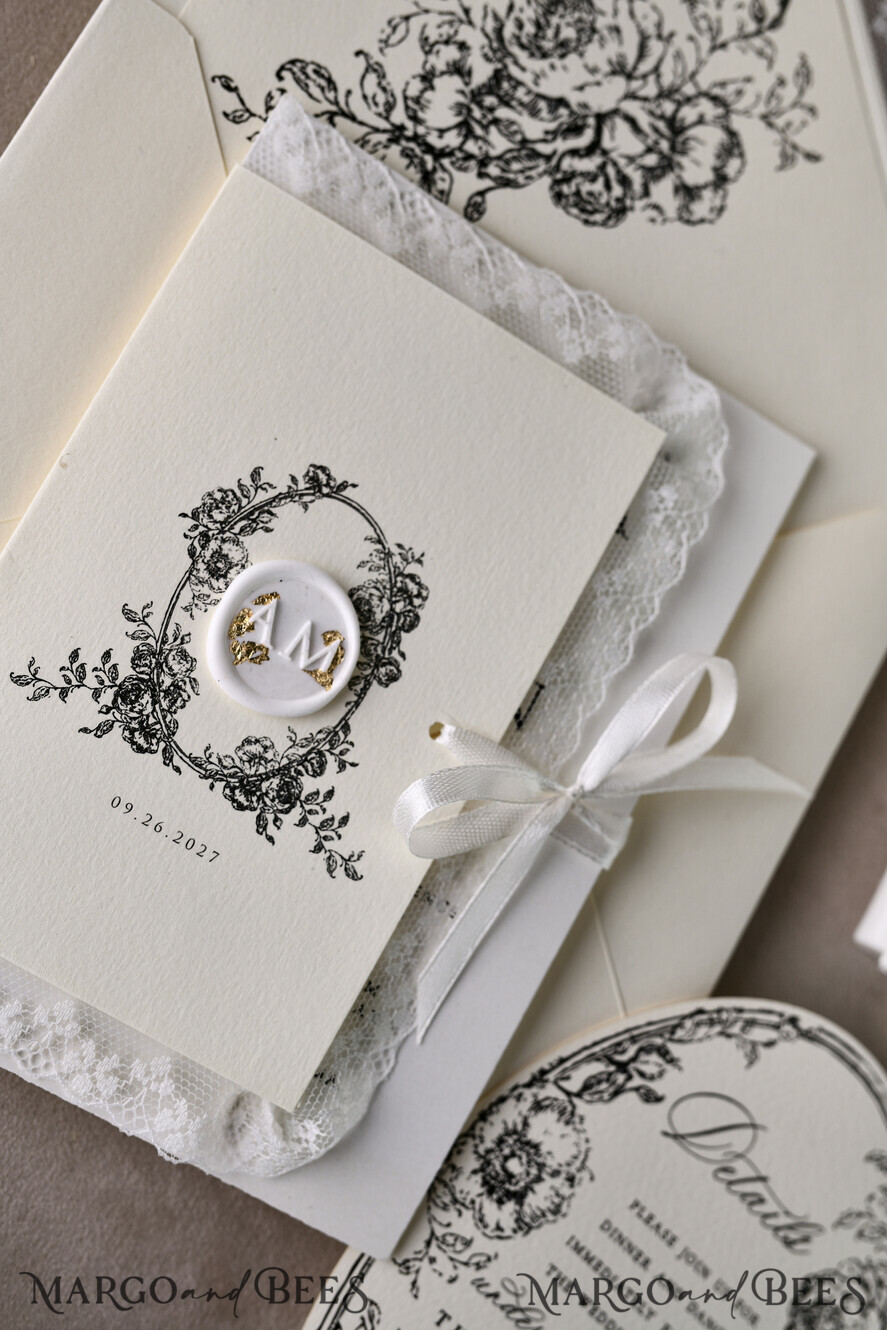 WEDDING INVITATIONS vintage lace/ rustic lace Personalized Golden Wedding invitations Vintage Lace Invites Ivory