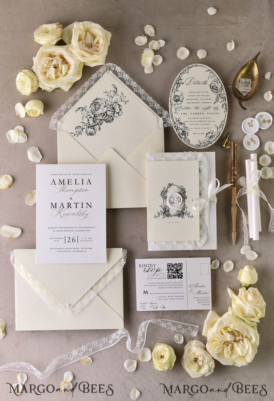 WEDDING INVITATIONS vintage lace/ rustic lace Personalized Golden Wedding invitations Vintage Lace Invites Ivory