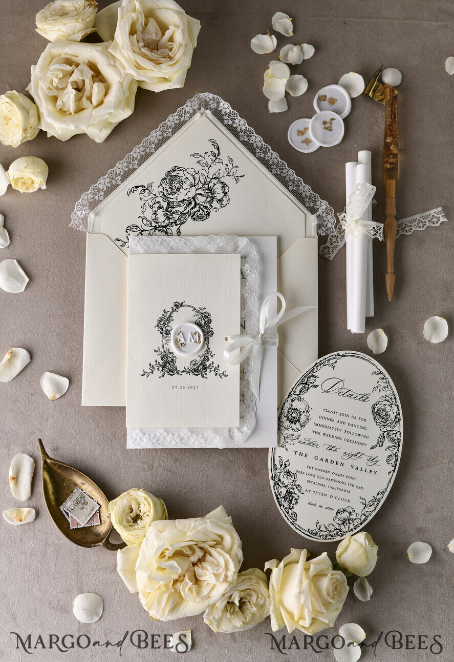 WEDDING INVITATIONS vintage lace/ rustic lace Personalized Golden Wedding invitations Vintage Lace Invites Ivory