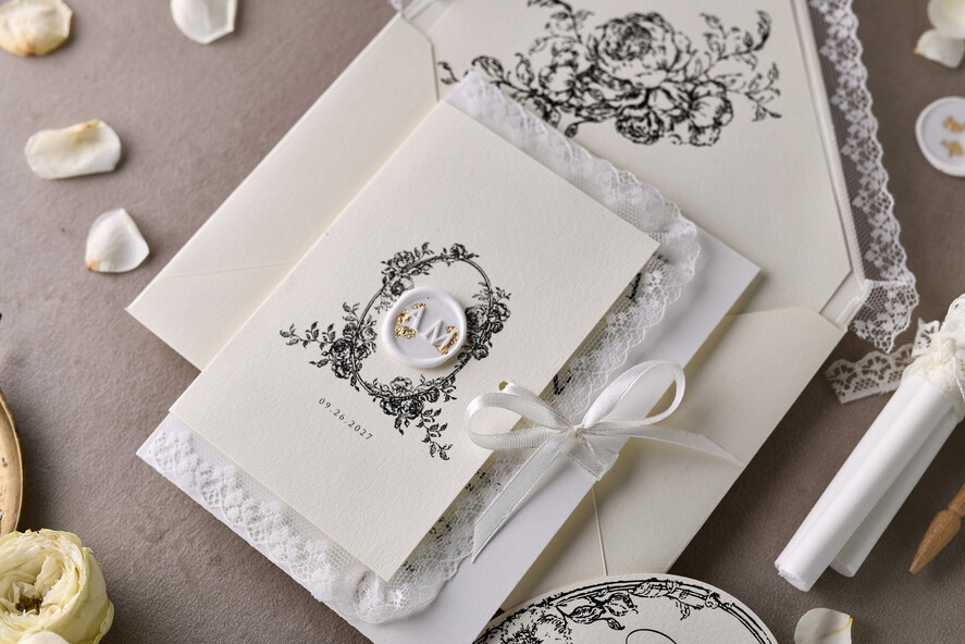 WEDDING INVITATIONS vintage lace/ rustic lace Personalized Golden Wedding invitations Vintage Lace Invites Ivory