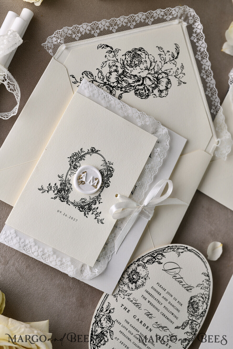 WEDDING INVITATIONS vintage lace/ rustic lace Personalized Golden Wedding invitations Vintage Lace Invites Ivory