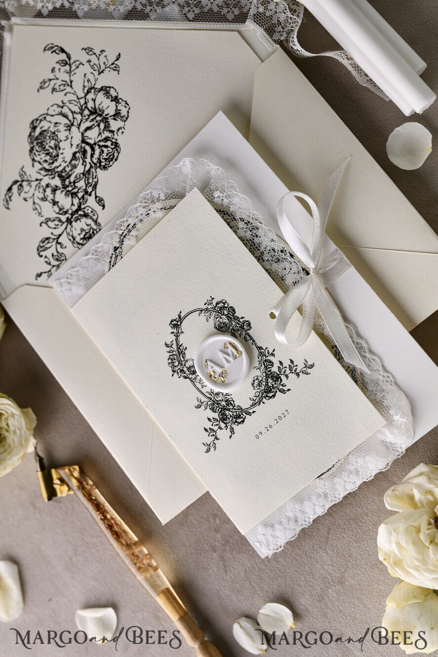 WEDDING INVITATIONS vintage lace/ rustic lace Personalized Golden Wedding invitations Vintage Lace Invites Ivory