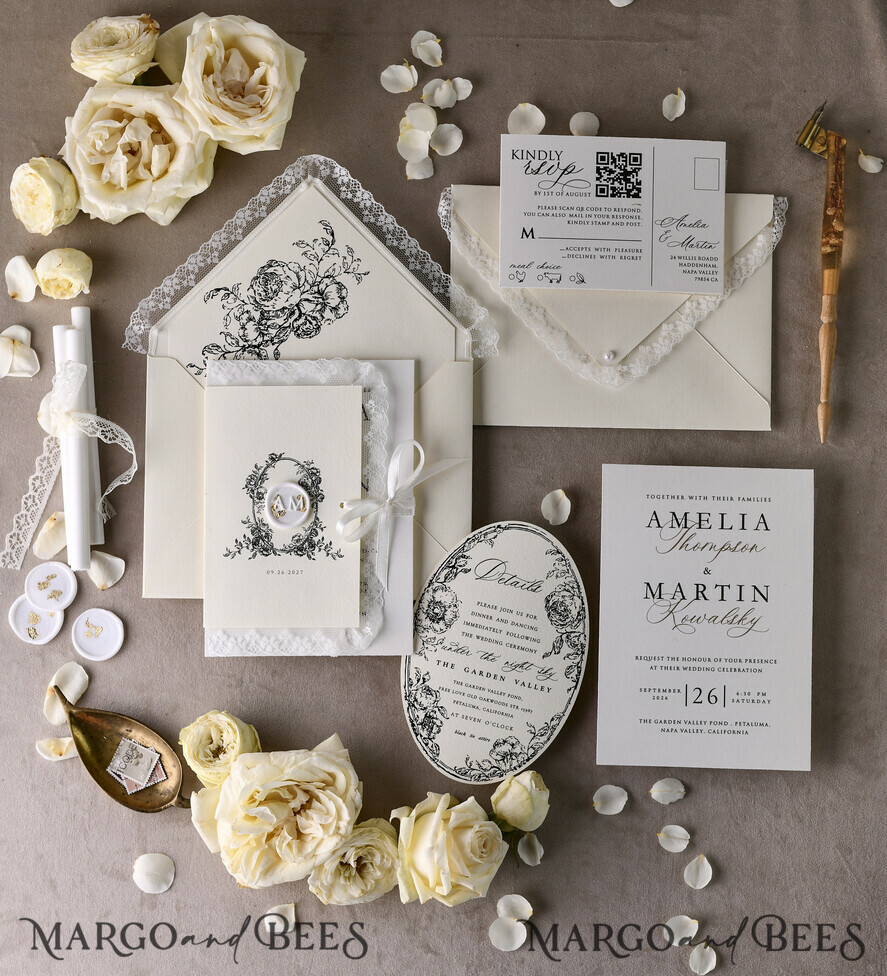 WEDDING INVITATIONS vintage lace/ rustic lace Personalized Golden Wedding invitations Vintage Lace Invites Ivory