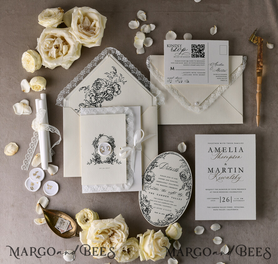 WEDDING INVITATIONS vintage lace/ rustic lace Personalized Golden Wedding invitations Vintage Lace Invites Ivory