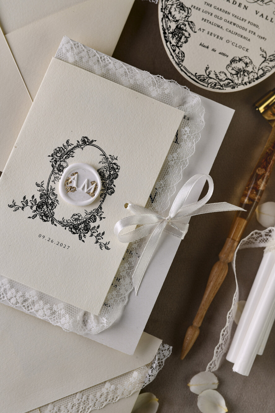 WEDDING INVITATIONS vintage lace/ rustic lace Personalized Golden Wedding invitations Vintage Lace Invites Ivory