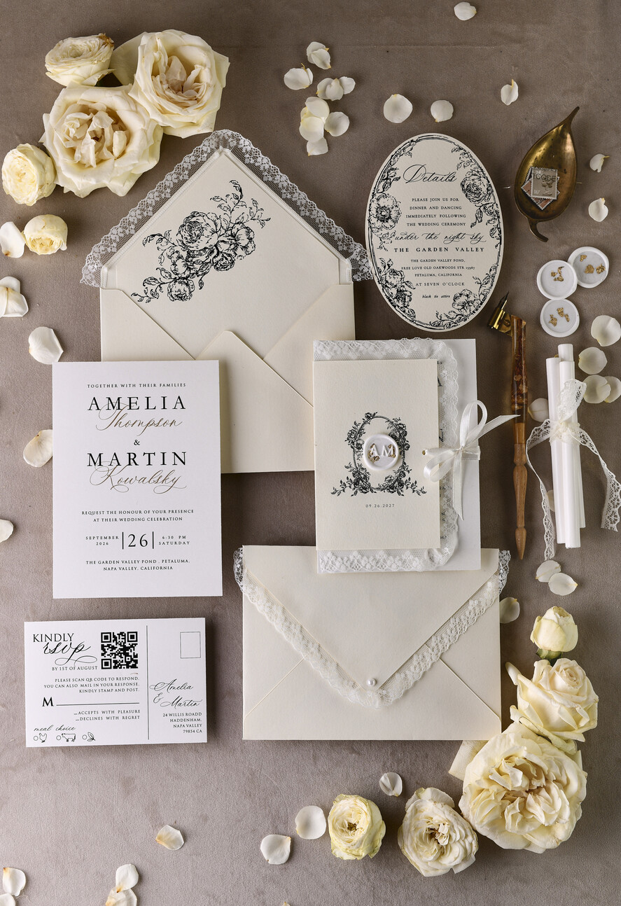 WEDDING INVITATIONS vintage lace/ rustic lace Personalized Golden Wedding invitations Vintage Lace Invites Ivory