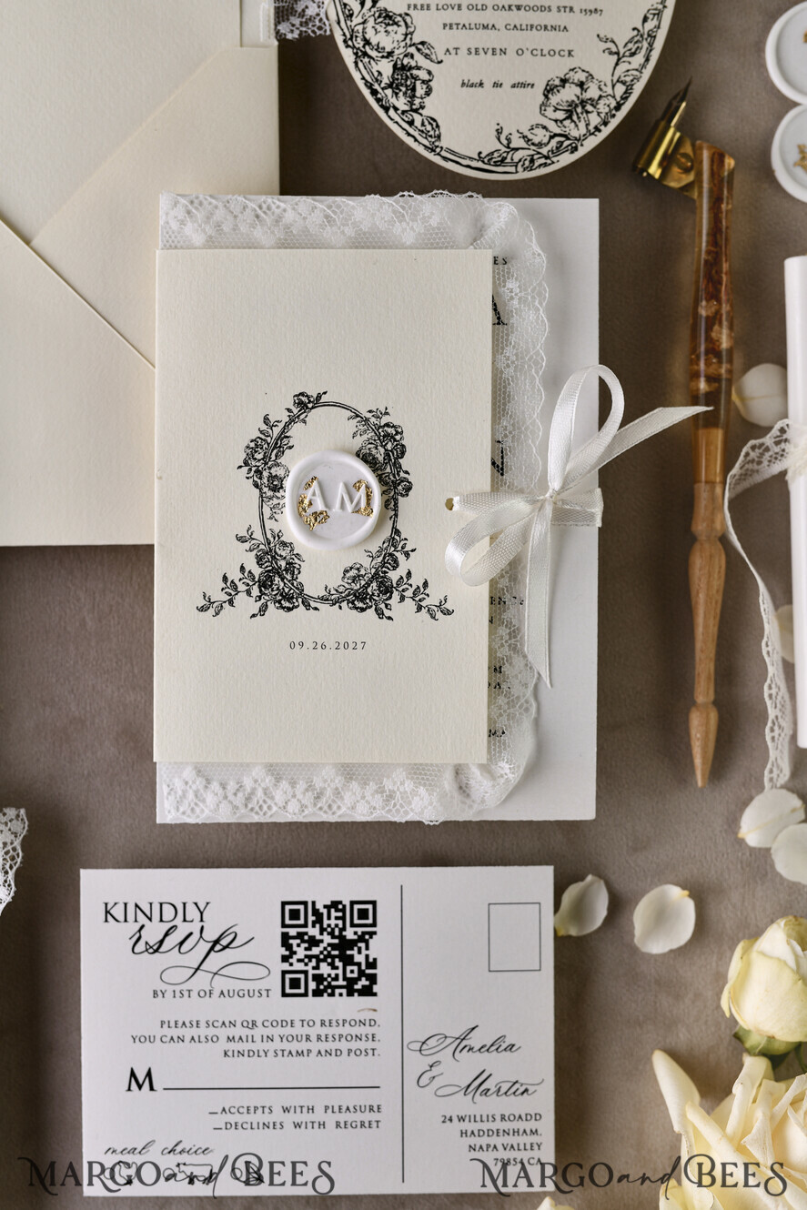 WEDDING INVITATIONS vintage lace/ rustic lace Personalized Golden Wedding invitations Vintage Lace Invites Ivory