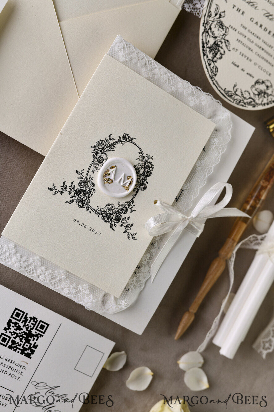 WEDDING INVITATIONS vintage lace/ rustic lace Personalized Golden Wedding invitations Vintage Lace Invites Ivory