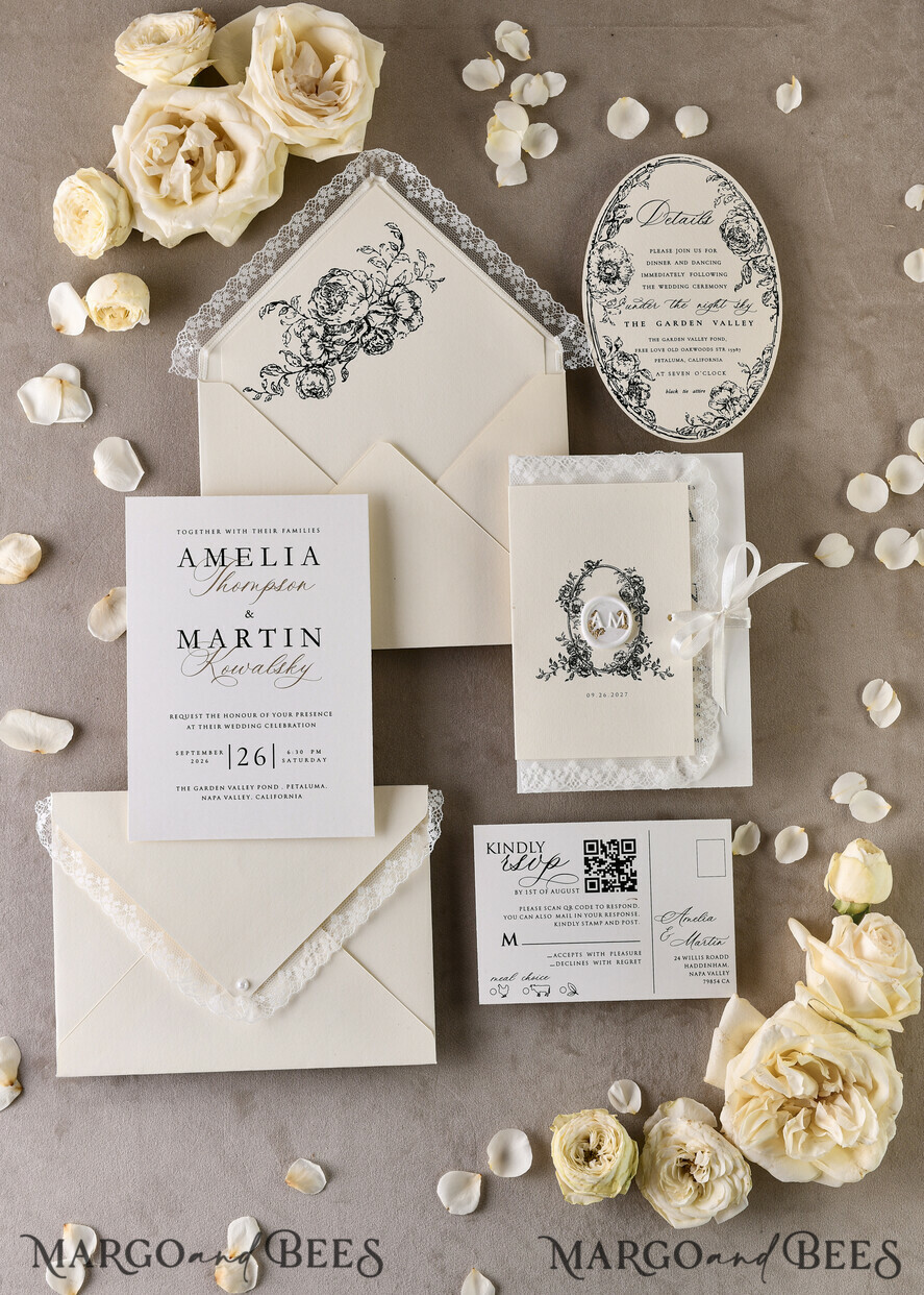 WEDDING INVITATIONS vintage lace/ rustic lace Personalized Golden Wedding invitations Vintage Lace Invites Ivory