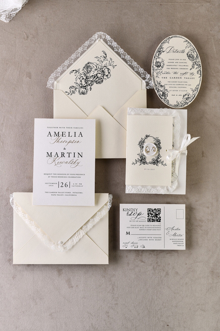 WEDDING INVITATIONS vintage lace/ rustic lace Personalized Golden Wedding invitations Vintage Lace Invites Ivory