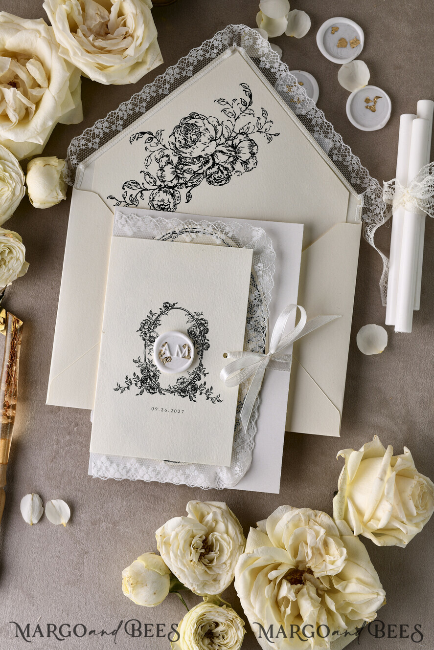 WEDDING INVITATIONS vintage lace/ rustic lace Personalized Golden Wedding invitations Vintage Lace Invites Ivory