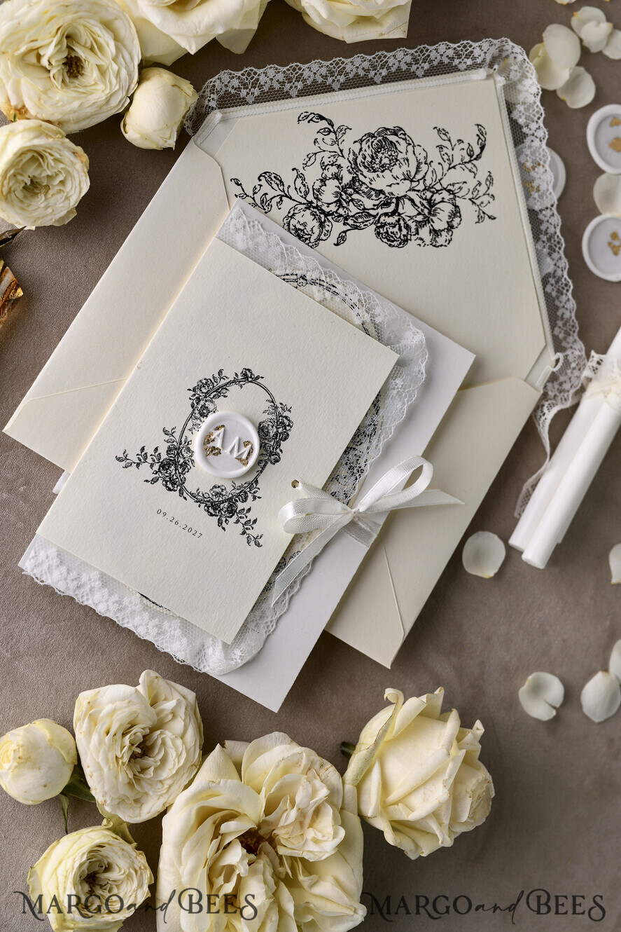 WEDDING INVITATIONS vintage lace/ rustic lace Personalized Golden Wedding invitations Vintage Lace Invites Ivory