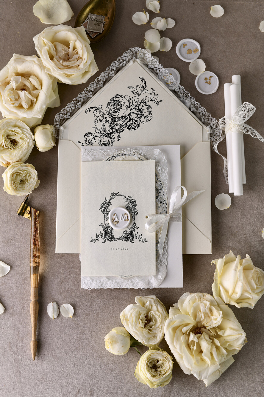 WEDDING INVITATIONS vintage lace/ rustic lace Personalized Golden Wedding invitations Vintage Lace Invites Ivory