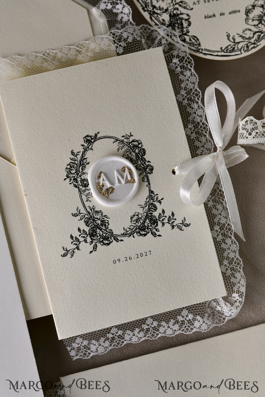 WEDDING INVITATIONS vintage lace/ rustic lace Personalized Golden Wedding invitations Vintage Lace Invites Ivory