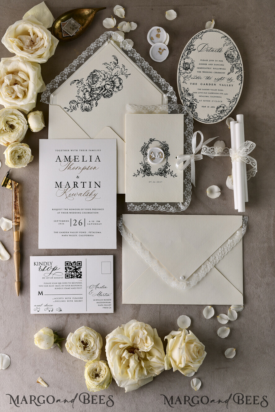 WEDDING INVITATIONS vintage lace/ rustic lace Personalized Golden Wedding invitations Vintage Lace Invites Ivory