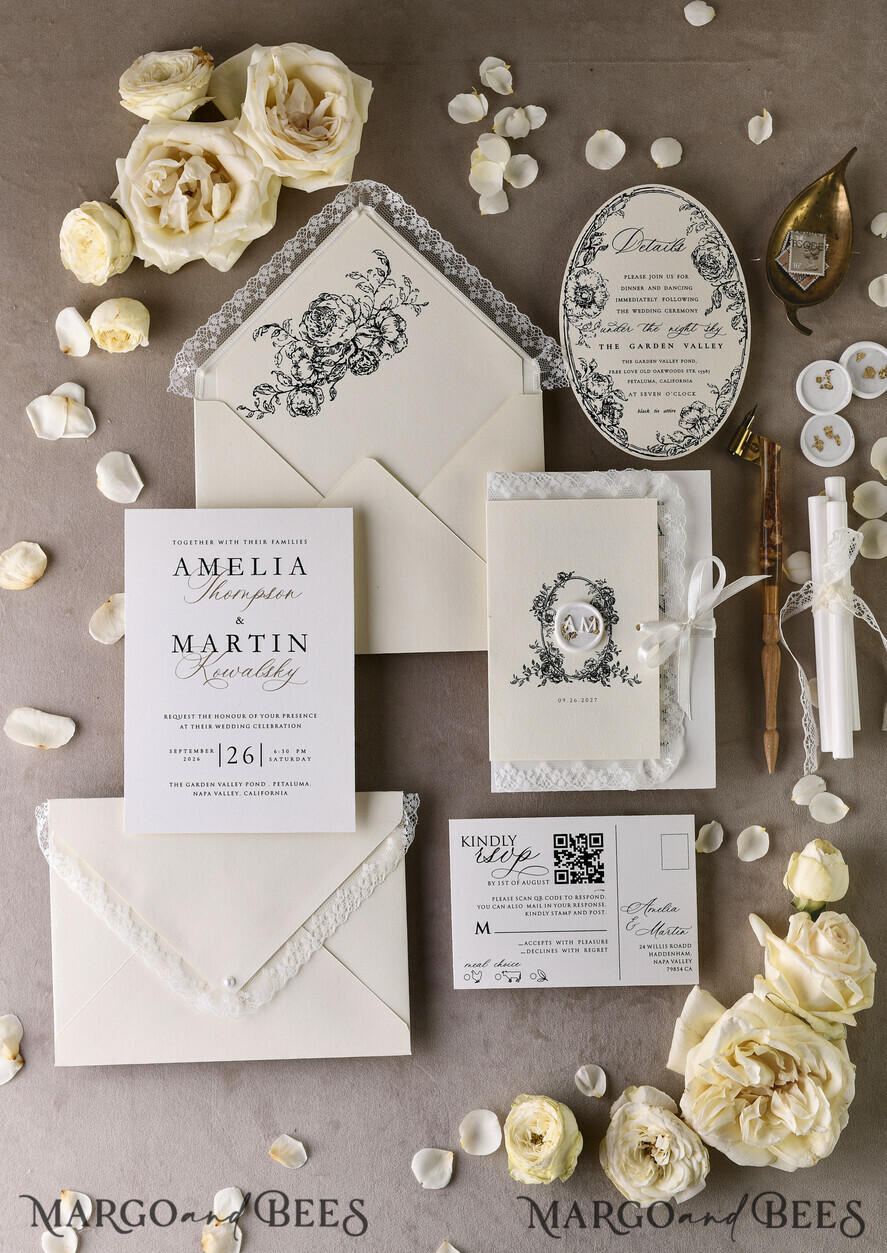 WEDDING INVITATIONS vintage lace/ rustic lace Personalized Golden Wedding invitations Vintage Lace Invites Ivory