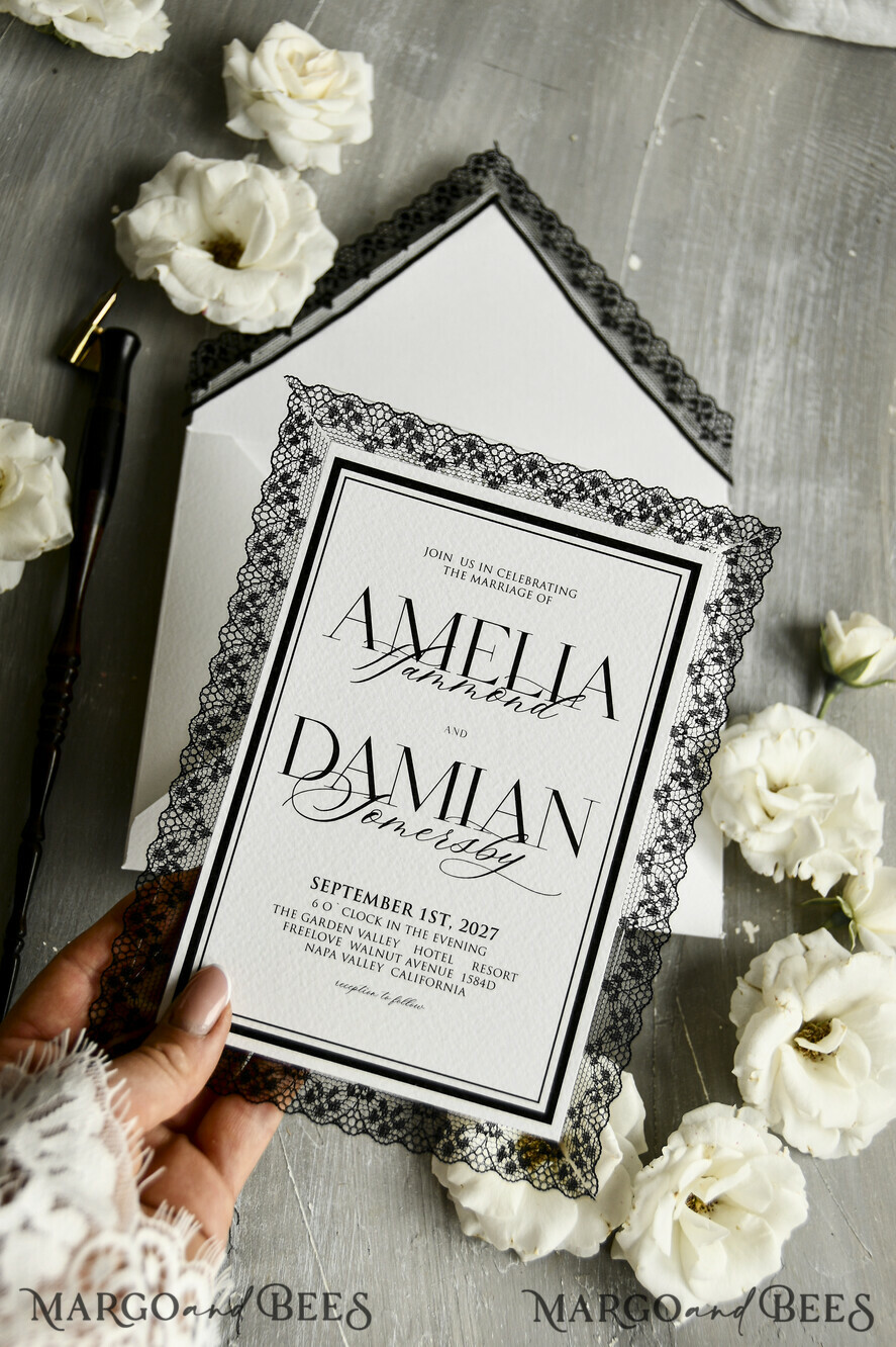 WEDDING INVITATIONS vintage lace/ rustic lace Personalized Golden Wedding invitations Vintage Lace Invites Ivory