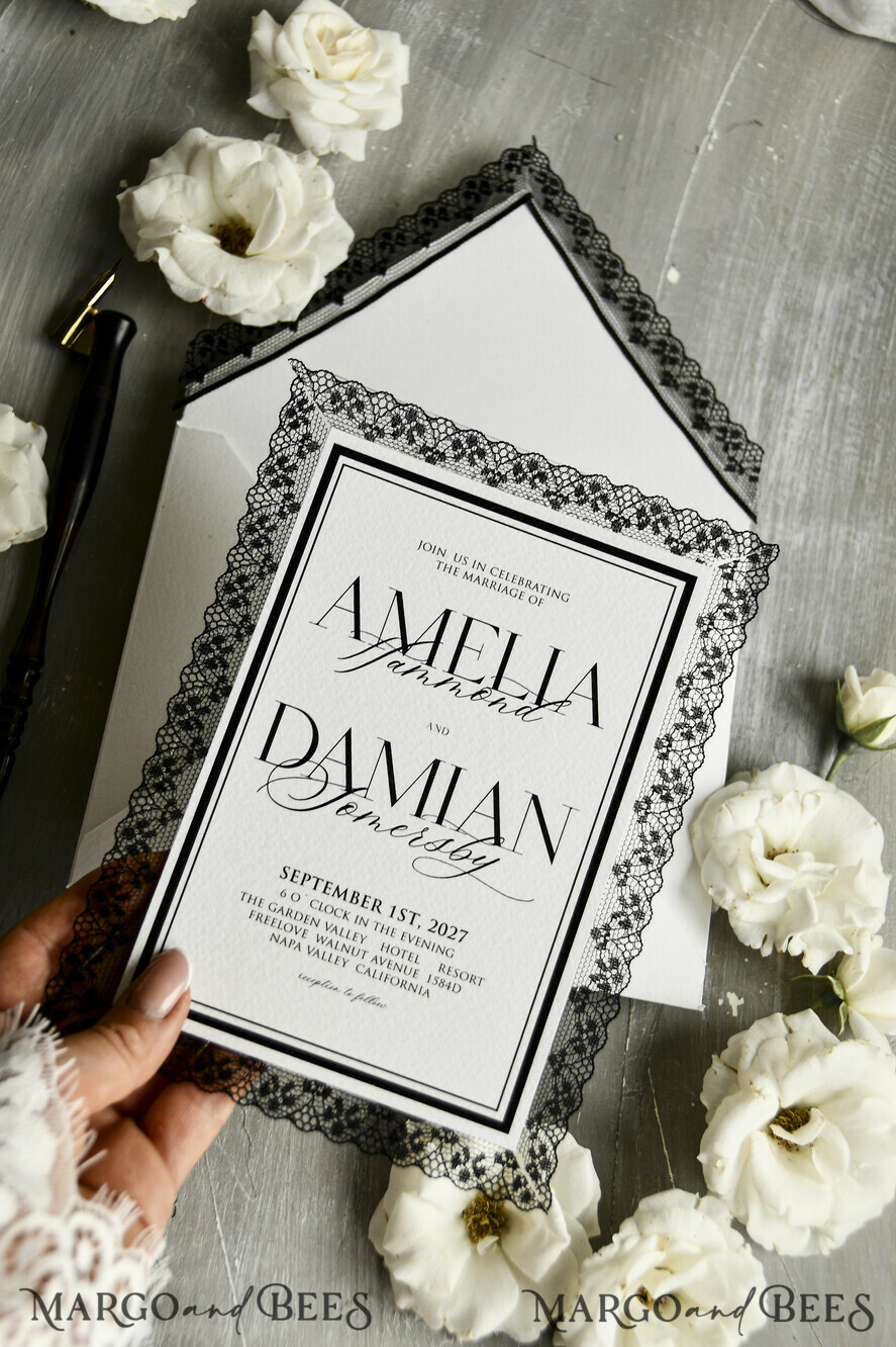 WEDDING INVITATIONS vintage lace/ rustic lace Personalized Golden Wedding invitations Vintage Lace Invites Ivory