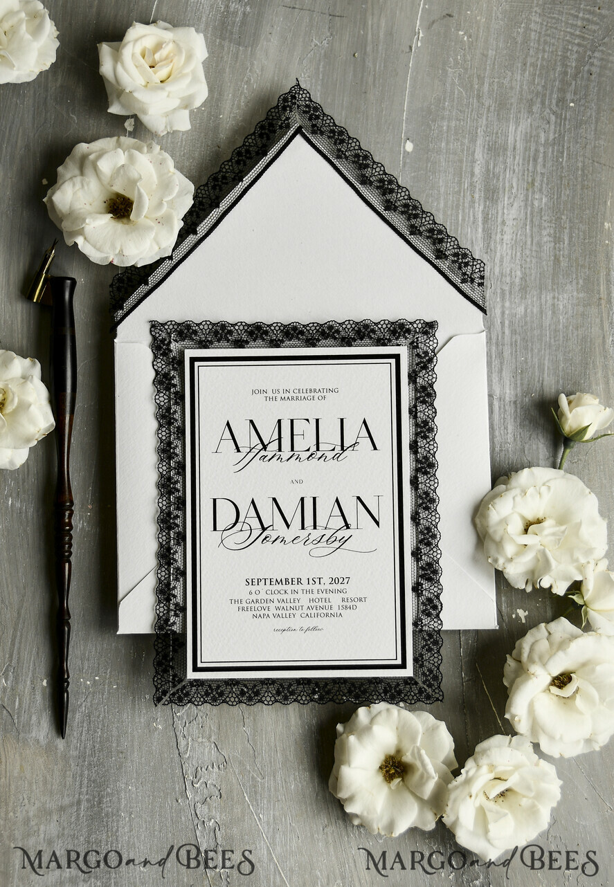 WEDDING INVITATIONS vintage lace/ rustic lace Personalized Golden Wedding invitations Vintage Lace Invites Ivory