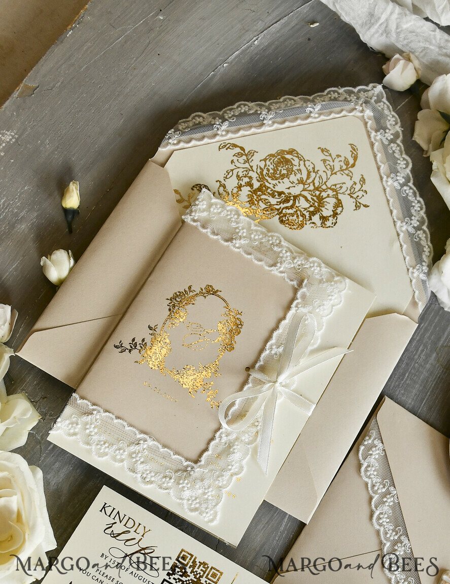 WEDDING INVITATIONS vintage lace/ rustic lace Gold Foil  Wedding invitations Vintage Lace wedding Cards & rsvp qr code