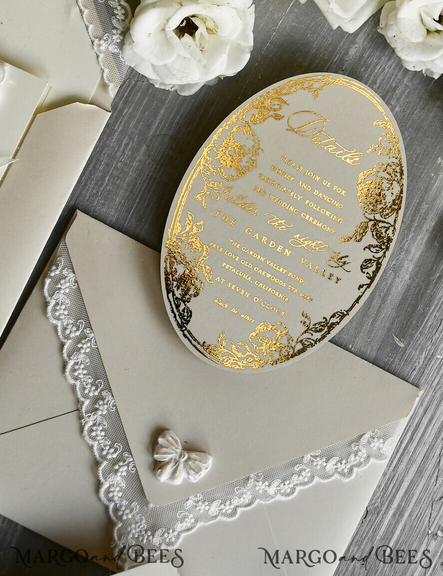 WEDDING INVITATIONS vintage lace/ rustic lace Gold Foil  Wedding invitations Vintage Lace wedding Cards & rsvp qr code