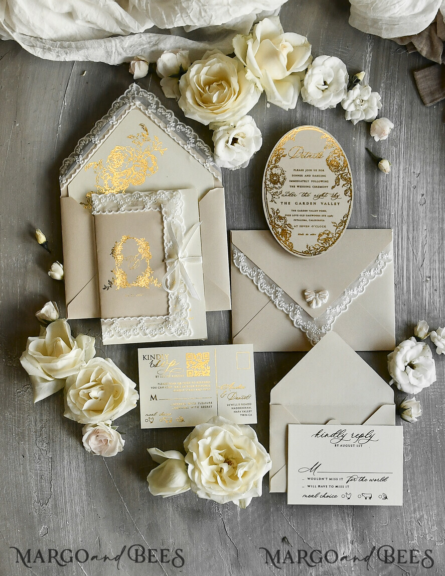WEDDING INVITATIONS vintage lace/ rustic lace Gold Foil  Wedding invitations Vintage Lace wedding Cards & rsvp qr code