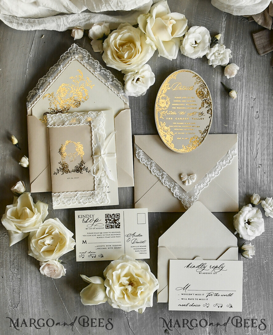 WEDDING INVITATIONS vintage lace/ rustic lace Gold Foil  Wedding invitations Vintage Lace wedding Cards & rsvp qr code
