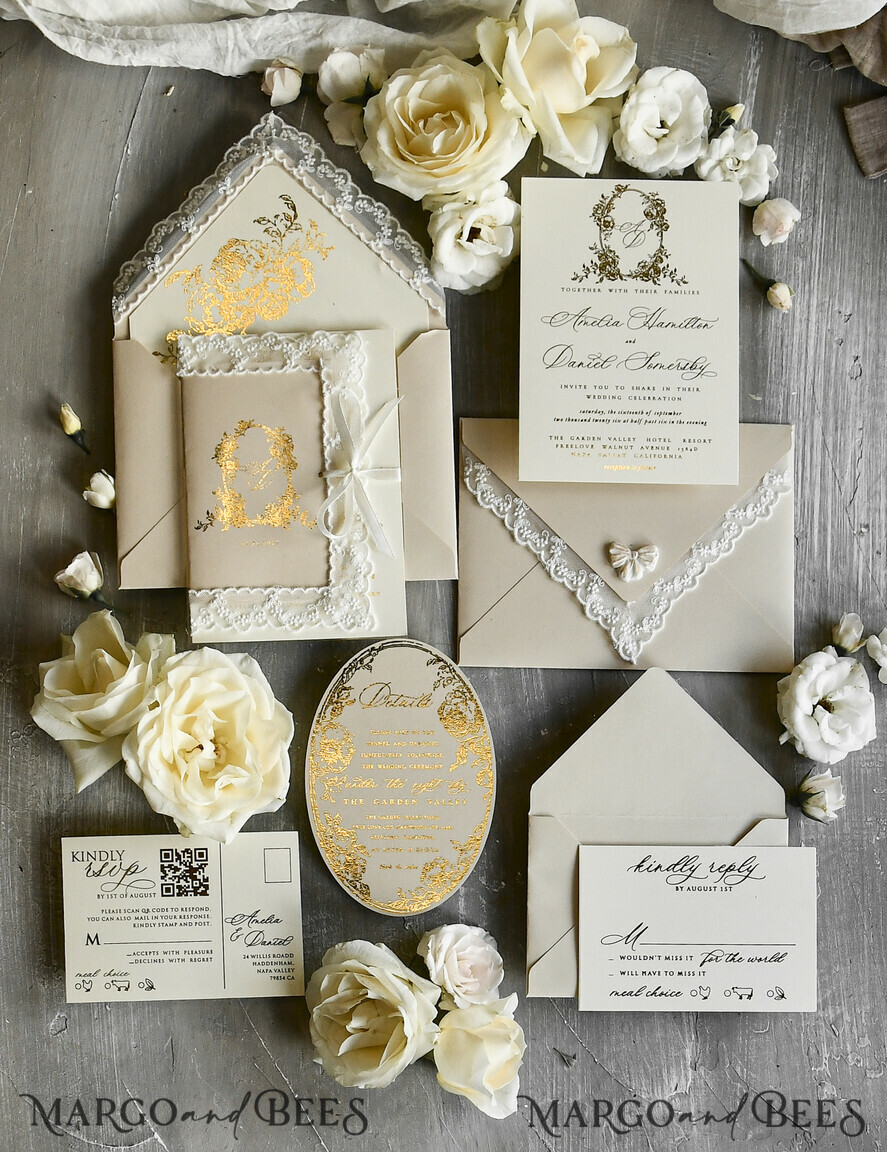 WEDDING INVITATIONS vintage lace/ rustic lace Gold Foil  Wedding invitations Vintage Lace wedding Cards & rsvp qr code