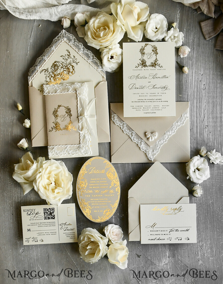 WEDDING INVITATIONS vintage lace/ rustic lace Gold Foil  Wedding invitations Vintage Lace wedding Cards & rsvp qr code