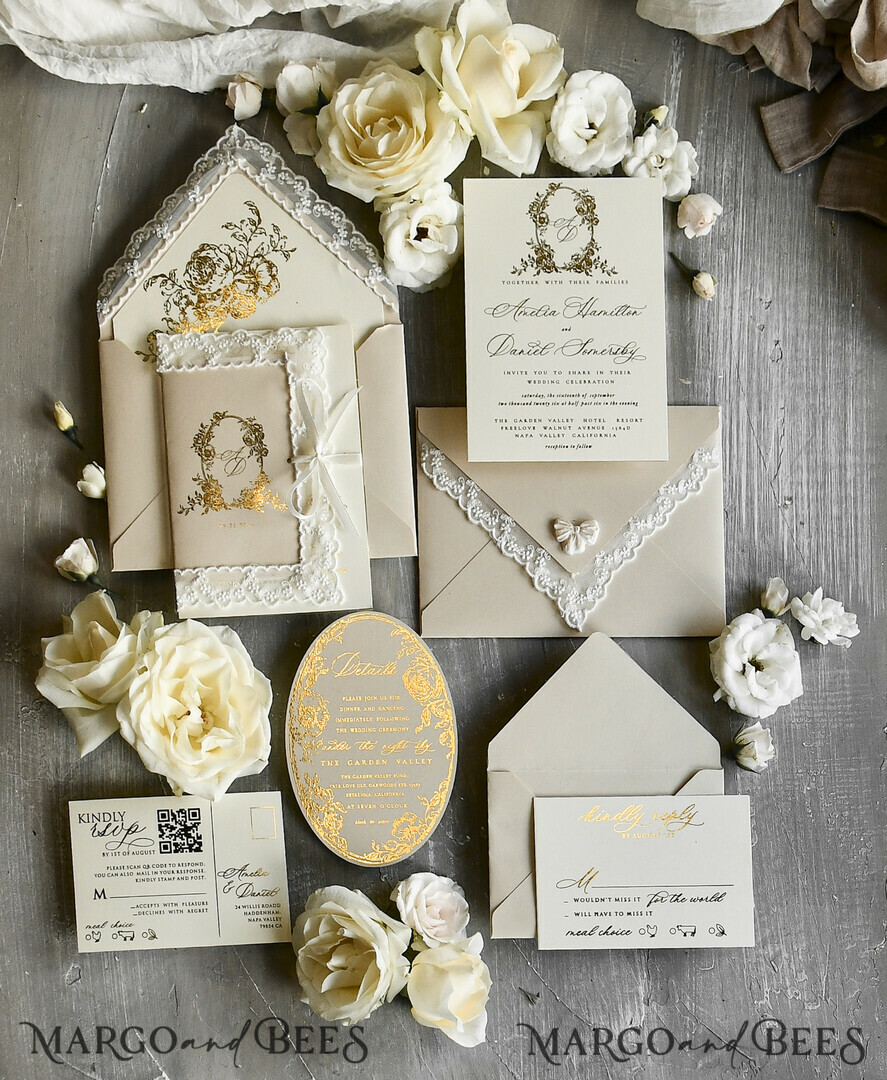 WEDDING INVITATIONS vintage lace/ rustic lace Gold Foil  Wedding invitations Vintage Lace wedding Cards & rsvp qr code