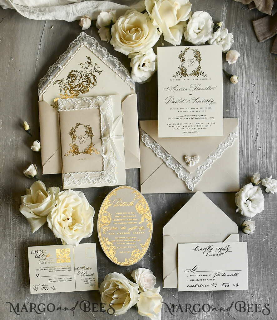 WEDDING INVITATIONS vintage lace/ rustic lace Gold Foil  Wedding invitations Vintage Lace wedding Cards & rsvp qr code
