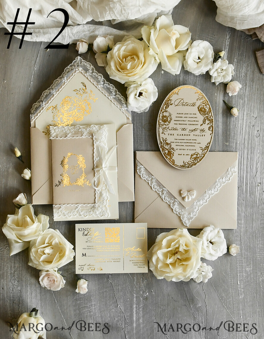 WEDDING INVITATIONS vintage lace/ rustic lace Gold Foil  Wedding invitations Vintage Lace wedding Cards & rsvp qr code