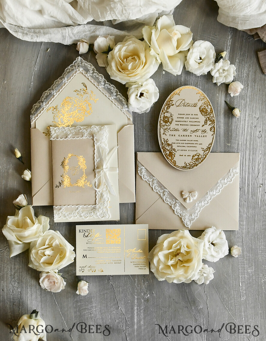 WEDDING INVITATIONS vintage lace/ rustic lace Gold Foil  Wedding invitations Vintage Lace wedding Cards & rsvp qr code