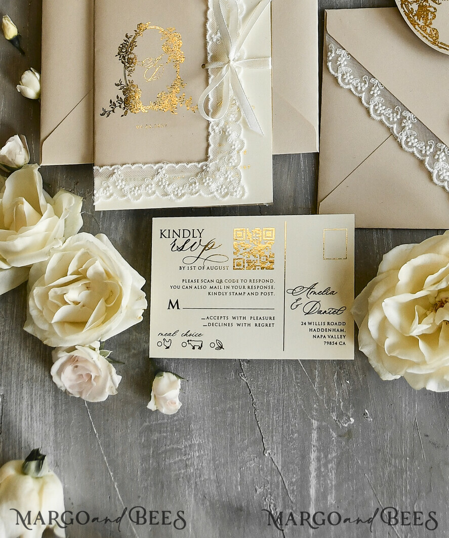 WEDDING INVITATIONS vintage lace/ rustic lace Gold Foil  Wedding invitations Vintage Lace wedding Cards & rsvp qr code