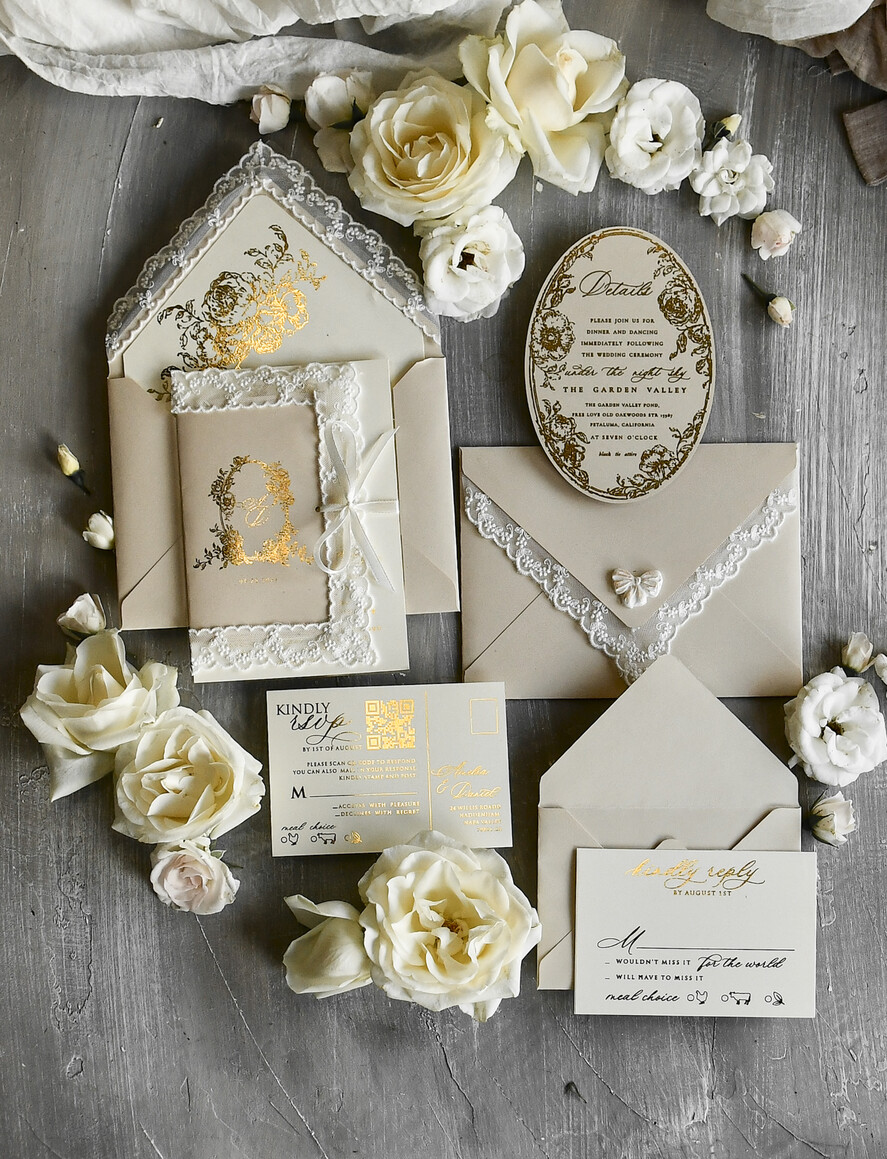 WEDDING INVITATIONS vintage lace/ rustic lace Gold Foil  Wedding invitations Vintage Lace wedding Cards & rsvp qr code