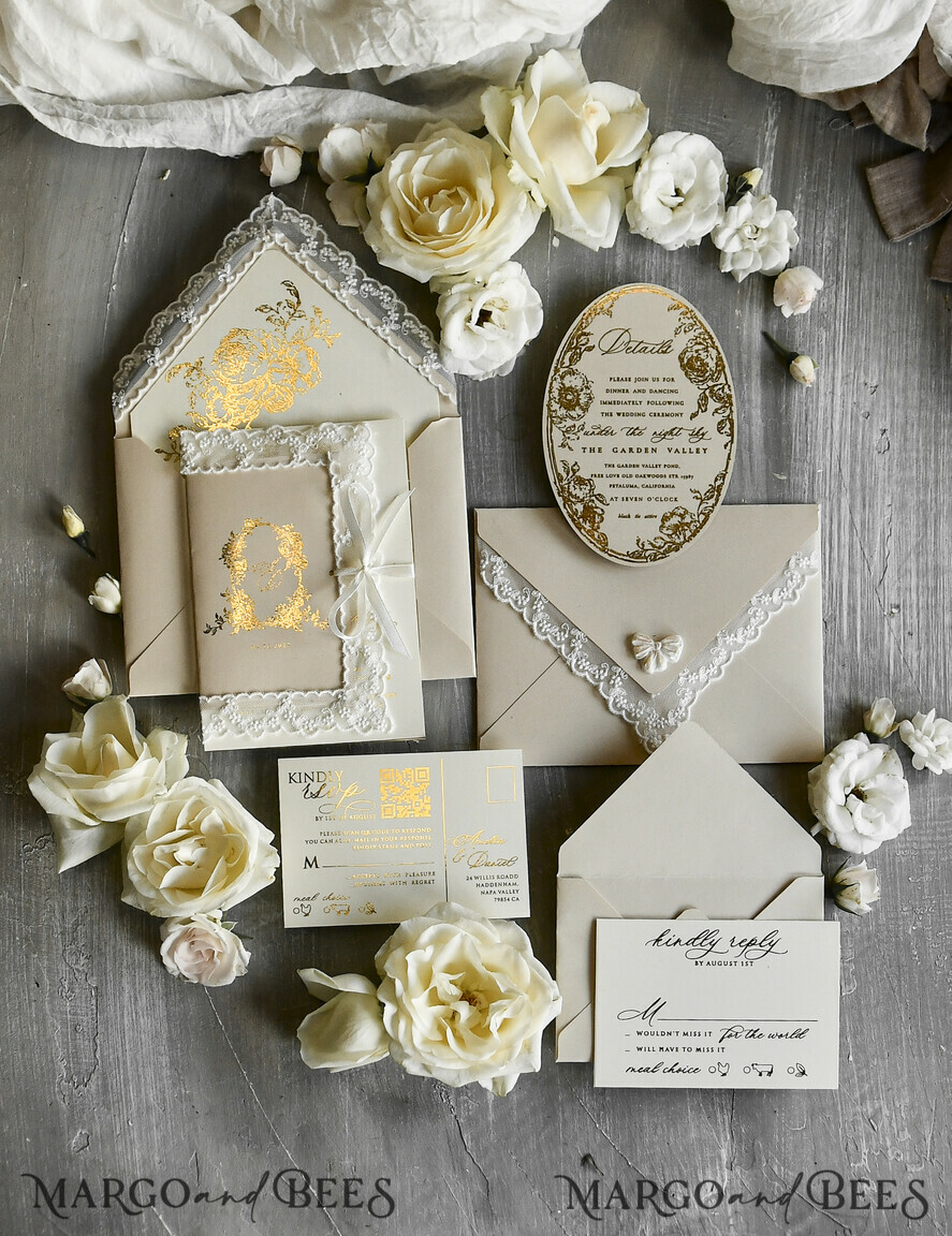 WEDDING INVITATIONS vintage lace/ rustic lace Gold Foil  Wedding invitations Vintage Lace wedding Cards & rsvp qr code