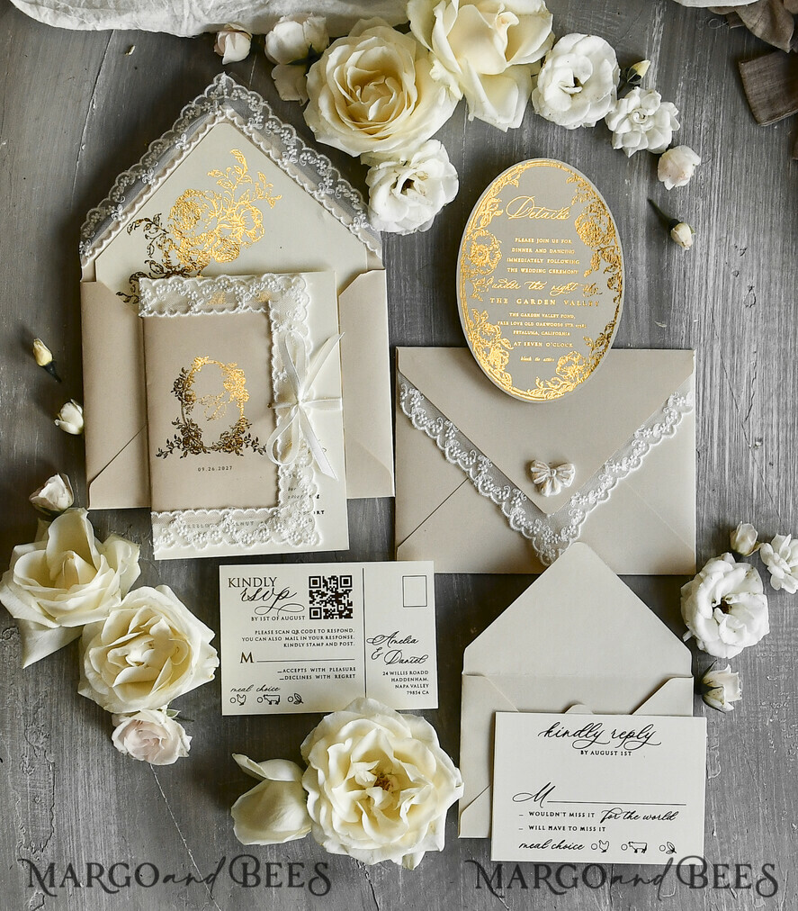 WEDDING INVITATIONS vintage lace/ rustic lace Gold Foil  Wedding invitations Vintage Lace wedding Cards & rsvp qr code