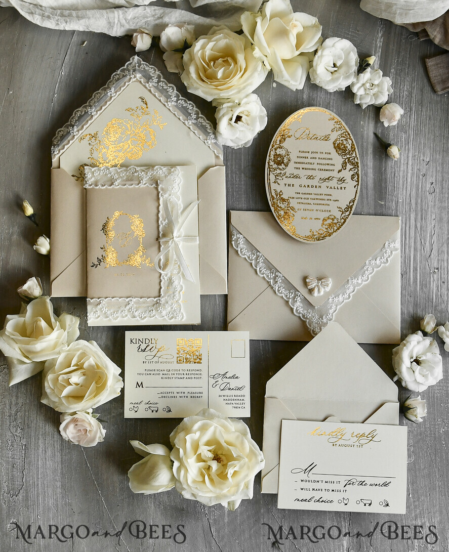 WEDDING INVITATIONS vintage lace/ rustic lace Gold Foil  Wedding invitations Vintage Lace wedding Cards & rsvp qr code