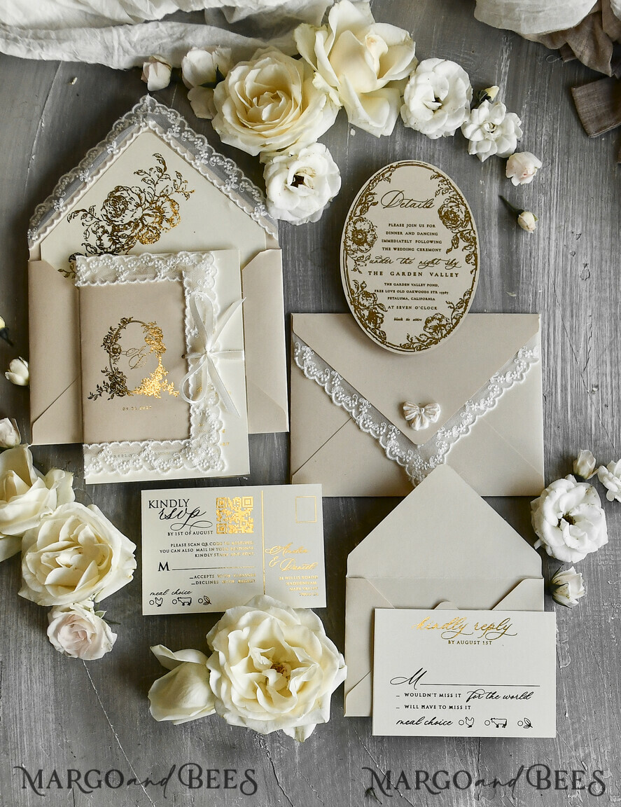 WEDDING INVITATIONS vintage lace/ rustic lace Gold Foil  Wedding invitations Vintage Lace wedding Cards & rsvp qr code
