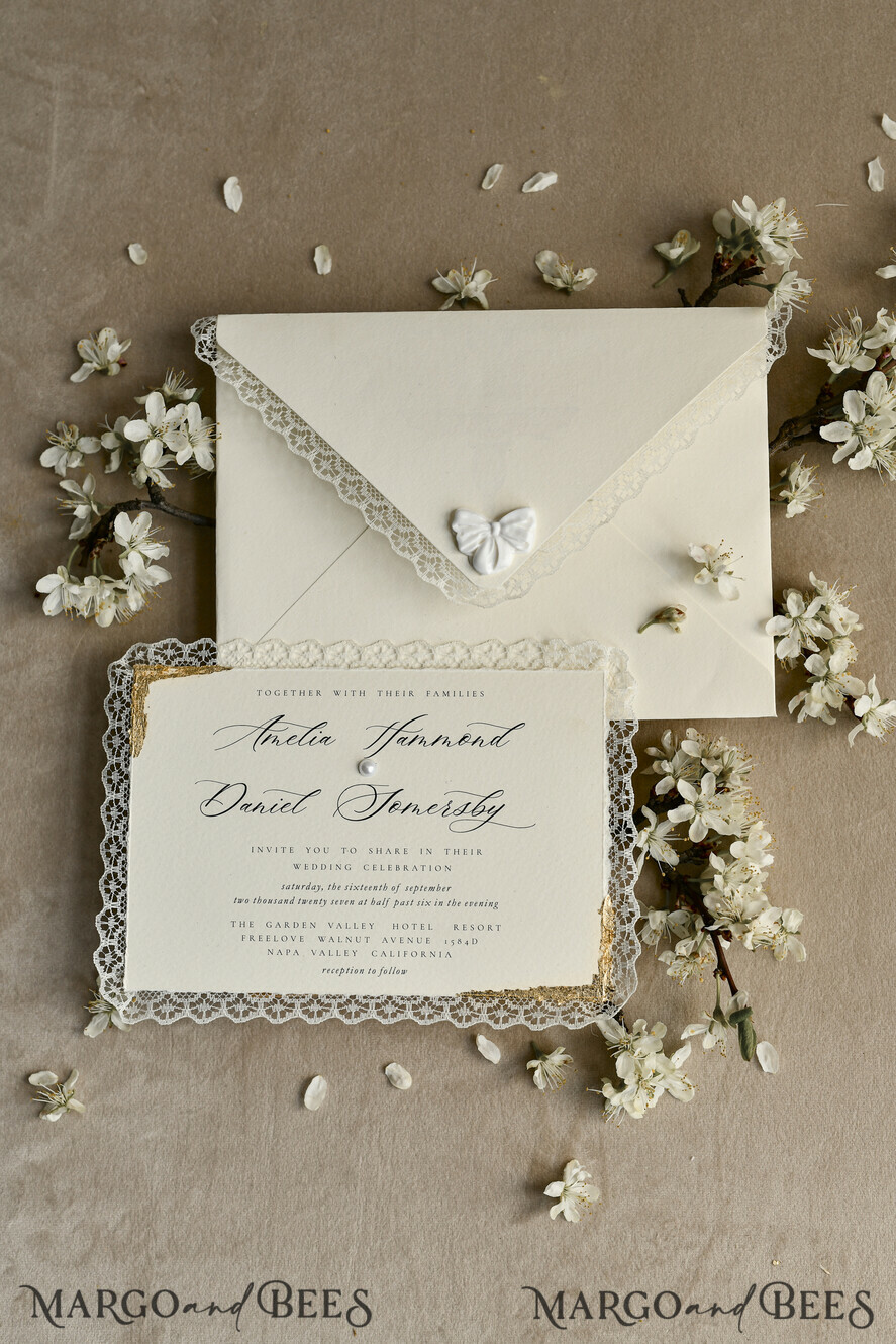 WEDDING INVITATIONS vintage lace/ rustic lace Personalized Golden Wedding invitations Vintage Lace Invites Ivory