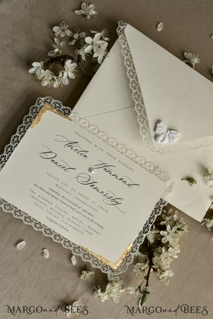WEDDING INVITATIONS vintage lace/ rustic lace Personalized Golden Wedding invitations Vintage Lace Invites Ivory