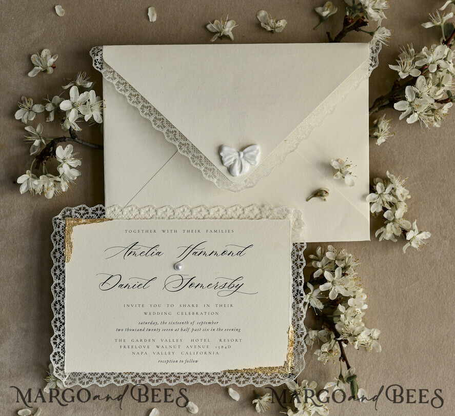 WEDDING INVITATIONS vintage lace/ rustic lace Personalized Golden Wedding invitations Vintage Lace Invites Ivory