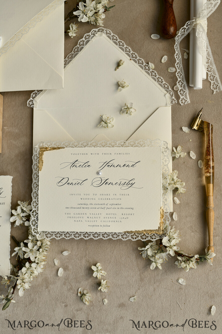 WEDDING INVITATIONS vintage lace/ rustic lace Personalized Golden Wedding invitations Vintage Lace Invites Ivory