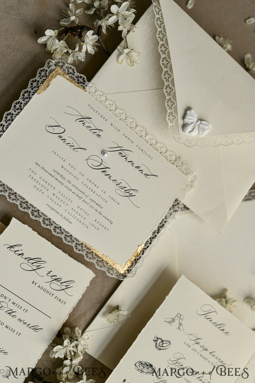 WEDDING INVITATIONS vintage lace/ rustic lace Personalized Golden Wedding invitations Vintage Lace Invites Ivory