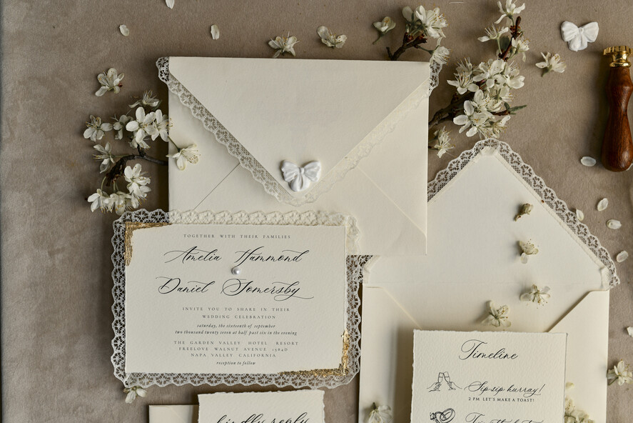 WEDDING INVITATIONS vintage lace/ rustic lace Personalized Golden Wedding invitations Vintage Lace Invites Ivory