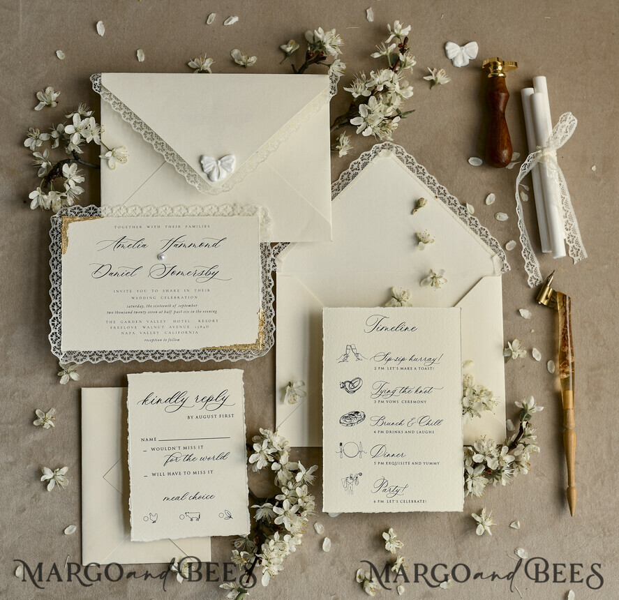WEDDING INVITATIONS vintage lace/ rustic lace Personalized Golden Wedding invitations Vintage Lace Invites Ivory