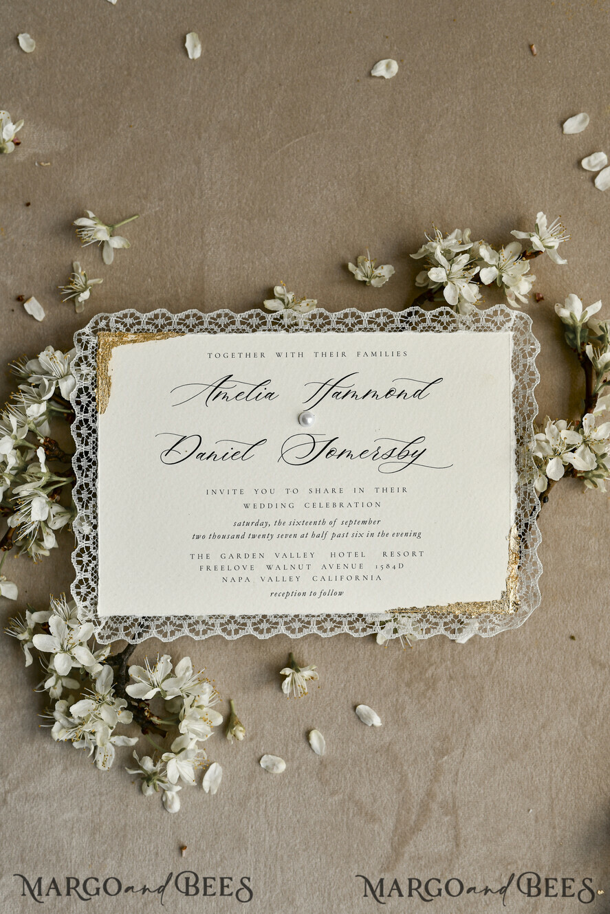 WEDDING INVITATIONS vintage lace/ rustic lace Personalized Golden Wedding invitations Vintage Lace Invites Ivory