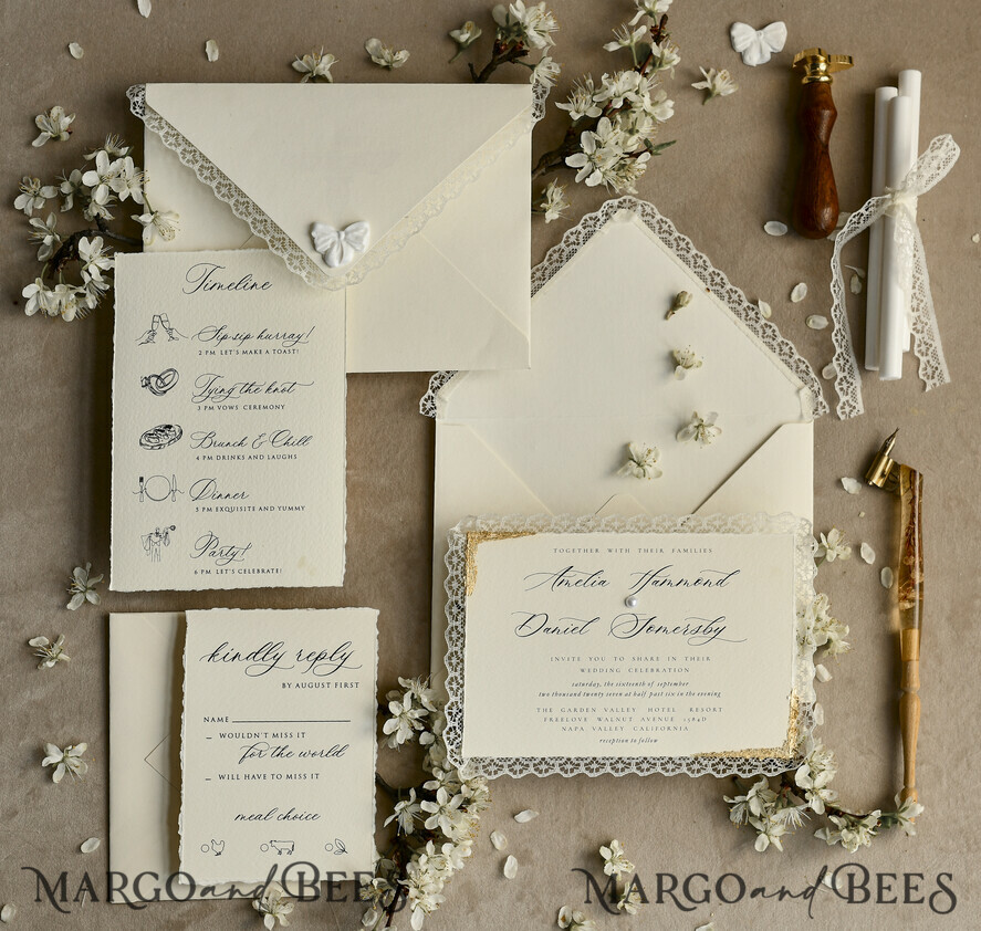 WEDDING INVITATIONS vintage lace/ rustic lace Personalized Golden Wedding invitations Vintage Lace Invites Ivory