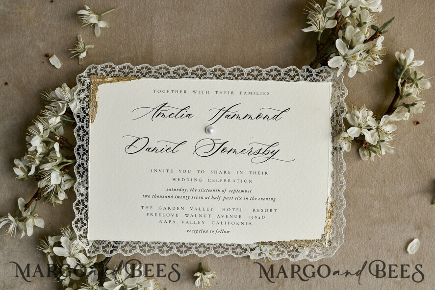 WEDDING INVITATIONS vintage lace/ rustic lace Personalized Golden Wedding invitations Vintage Lace Invites Ivory